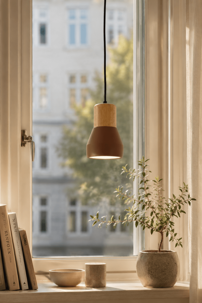 Pepe Ø13 Óxido lámpara de ventana De Nordic Lighting - La combinaci&oacute;n de madera y hormig&oacute;n le confiere un aspecto robusto pero c&aacute;lido, mientras que el acabado mate en &oacute;xido le aporta un toque sereno y actual.
