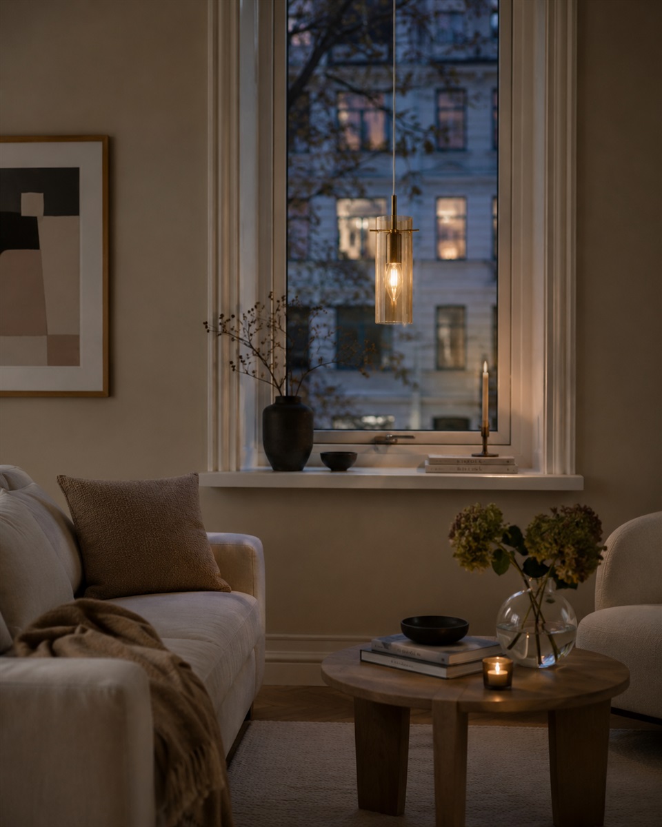 Cilinda Ø7 Latón/ámbar lámpara de ventana De Nordic Lighting - La l&aacute;mpara incluye un cable de pl&aacute;stico transparente de 3,5 m de longitud y un enchufe.