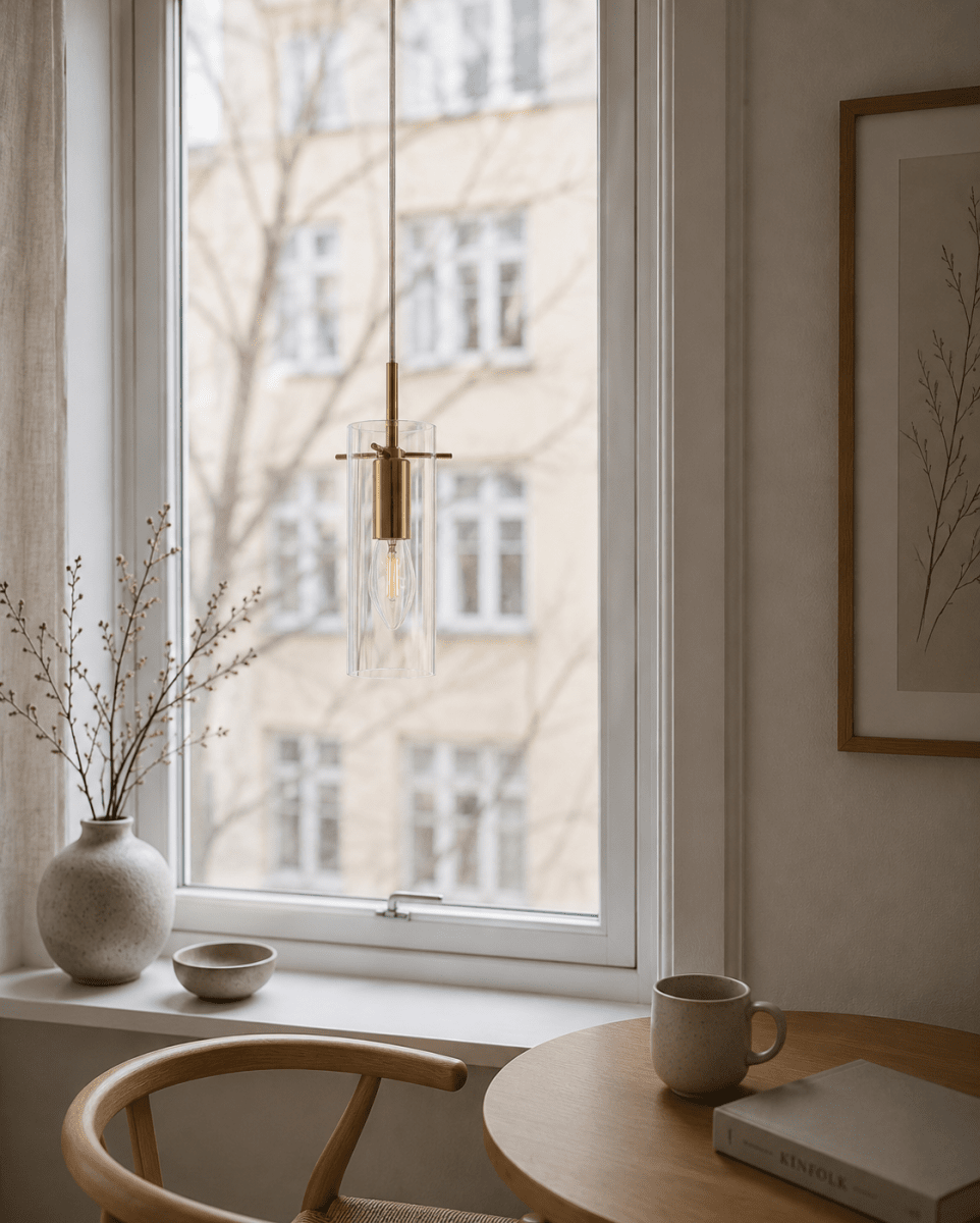Cilinda Ø7 Latón/transparente lámpara de ventana De Nordic Lighting - El cristal transparente garantiza una hermosa distribuci&oacute;n de la luz y, en combinaci&oacute;n con los detalles de lat&oacute;n, se convierte en un elegante detalle interior.