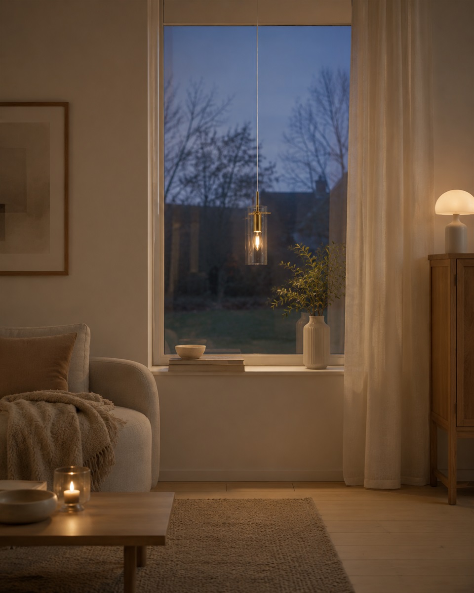 Cilinda Ø7 Latón/transparente lámpara de ventana De Nordic Lighting - El cristal transparente garantiza una hermosa distribuci&oacute;n de la luz y, en combinaci&oacute;n con los detalles de lat&oacute;n, se convierte en un elegante detalle interior.