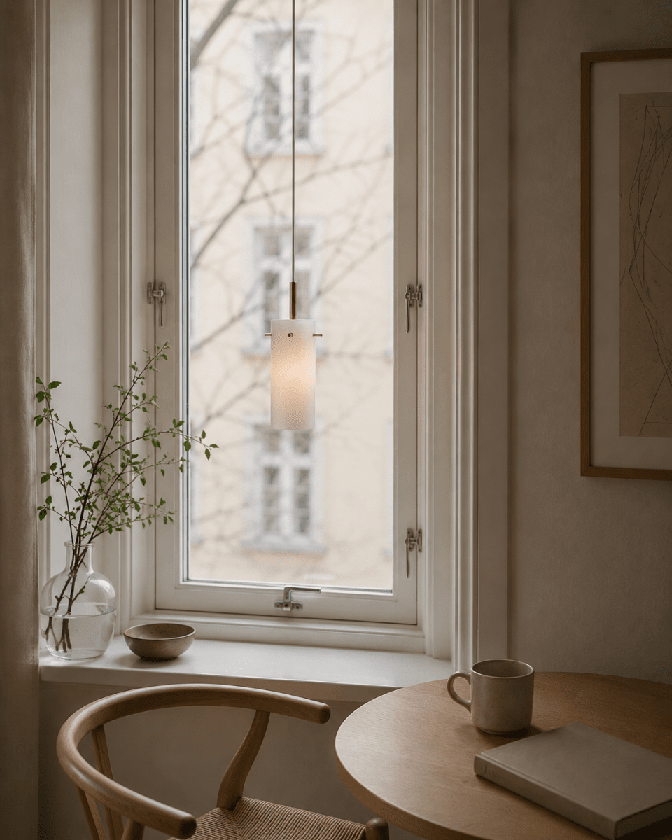 Cilinda Ø7 Latón/blanco lámpara de ventana De Nordic Lighting - El cristal blanco garantiza una hermosa distribuci&oacute;n de la luz y, en combinaci&oacute;n con los detalles de lat&oacute;n, se convierte en un elegante detalle interior.