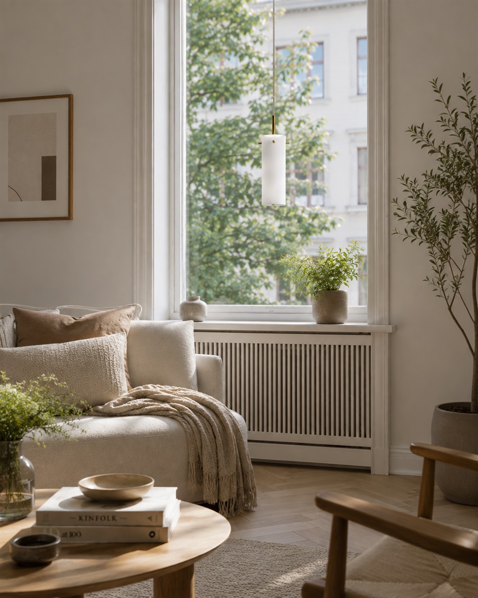 Cilinda Ø7 Latón/blanco lámpara de ventana De Nordic Lighting - El cristal blanco garantiza una hermosa distribución de la luz y, en combinación con los detalles de latón, se convierte en un elegante detalle interior.