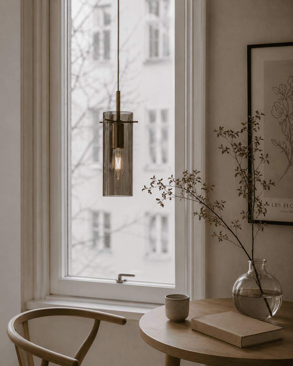 Cilinda Ø7 Latón/ahumado lámpara de ventana De Nordic Lighting - El cristal ahumado garantiza una hermosa distribuci&oacute;n de la luz y, en combinaci&oacute;n con los detalles de lat&oacute;n, se convierte en un elegante detalle interior.