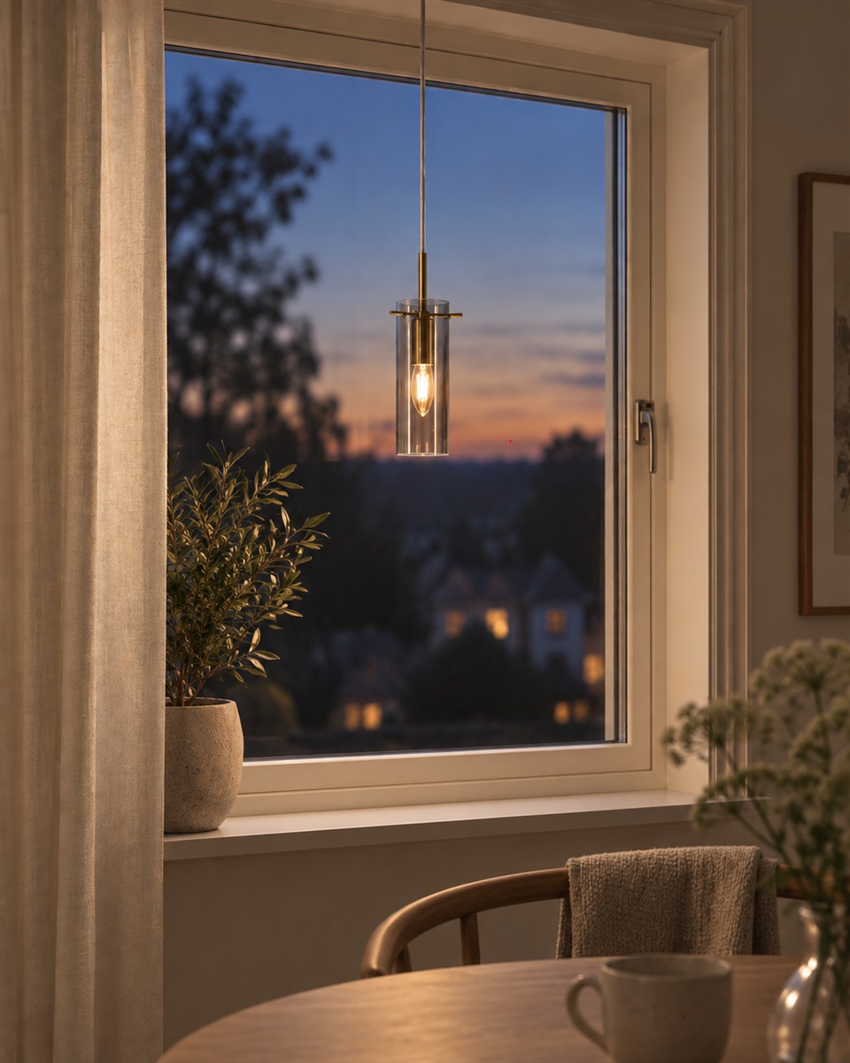 Cilinda Ø7 Latón/ahumado lámpara de ventana De Nordic Lighting - El cristal ahumado garantiza una hermosa distribuci&oacute;n de la luz y, en combinaci&oacute;n con los detalles de lat&oacute;n, se convierte en un elegante detalle interior.