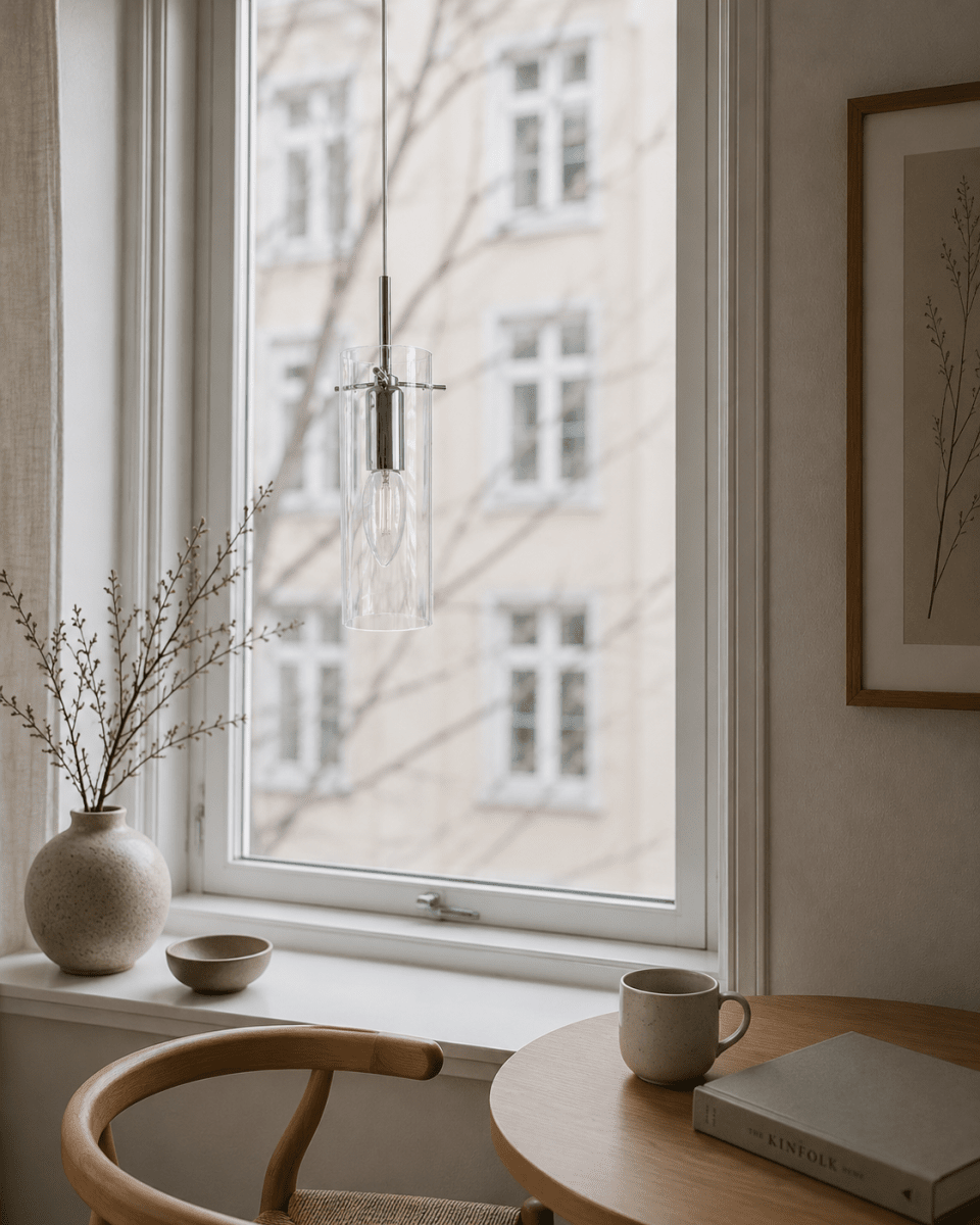 Cilinda Ø7 Cromado/transparente lámpara de ventana De Nordic Lighting - El cristal transparente garantiza una agradable difusi&oacute;n de la luz y, en combinaci&oacute;n con el metal con aspecto cromado, se convierte en un elegante detalle interior.