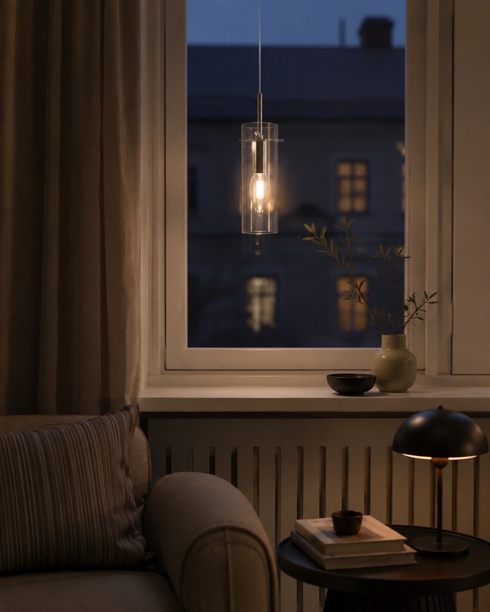 Cilinda Ø7 Cromado/transparente lámpara de ventana De Nordic Lighting - El cristal transparente garantiza una agradable difusi&oacute;n de la luz y, en combinaci&oacute;n con el metal con aspecto cromado, se convierte en un elegante detalle interior.