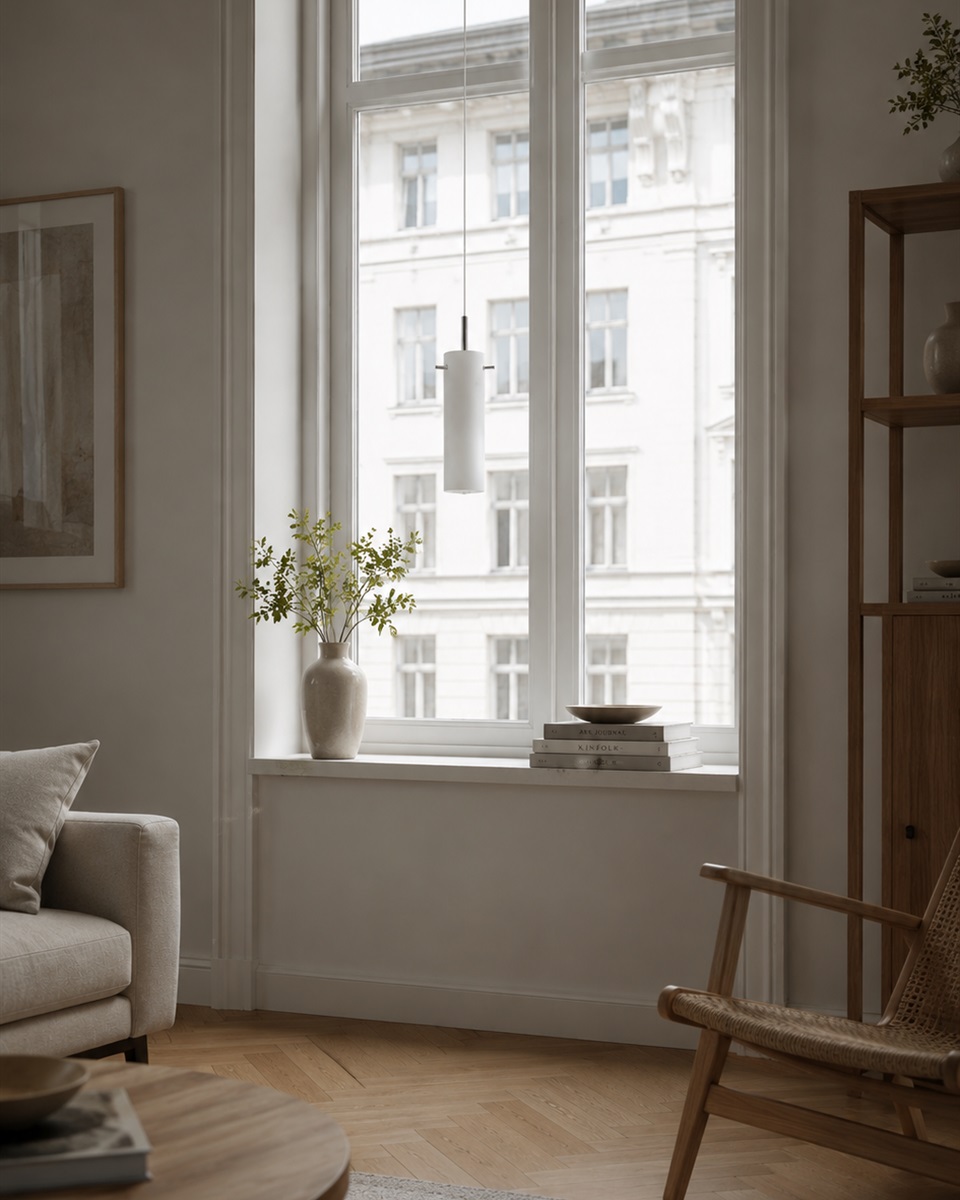 Cilinda Ø7 Cromo/blanco lámpara de ventana De Nordic Lighting - El cristal blanco garantiza una hermosa distribuci&oacute;n de la luz y, en combinaci&oacute;n con los detalles cromados, se convierte en un elegante detalle interior.