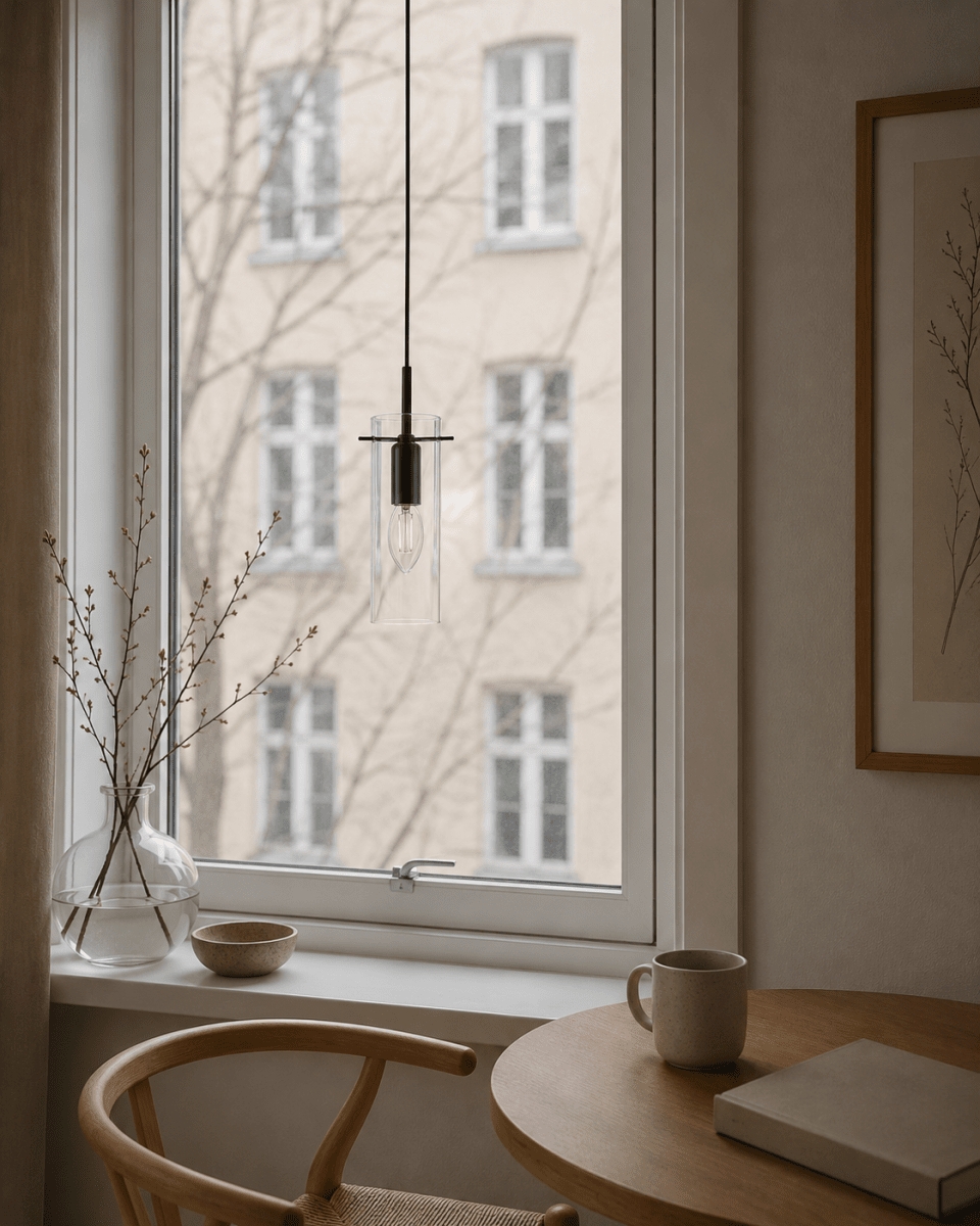 Cilinda Ø7 Negro/transparente lámpara de ventana De Nordic Lighting - El cristal transparente garantiza una hermosa distribuci&oacute;n de la luz y, en combinaci&oacute;n con el metal negro, se convierte en un elegante detalle interior.