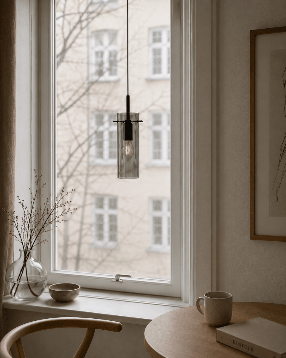 Cilinda Ø7 Negro/Ahumado lámpara de ventana De Nordic Lighting - El cristal ahumado garantiza una hermosa distribuci&oacute;n de la luz y, en combinaci&oacute;n con el metal negro, se convierte en un elegante detalle interior.