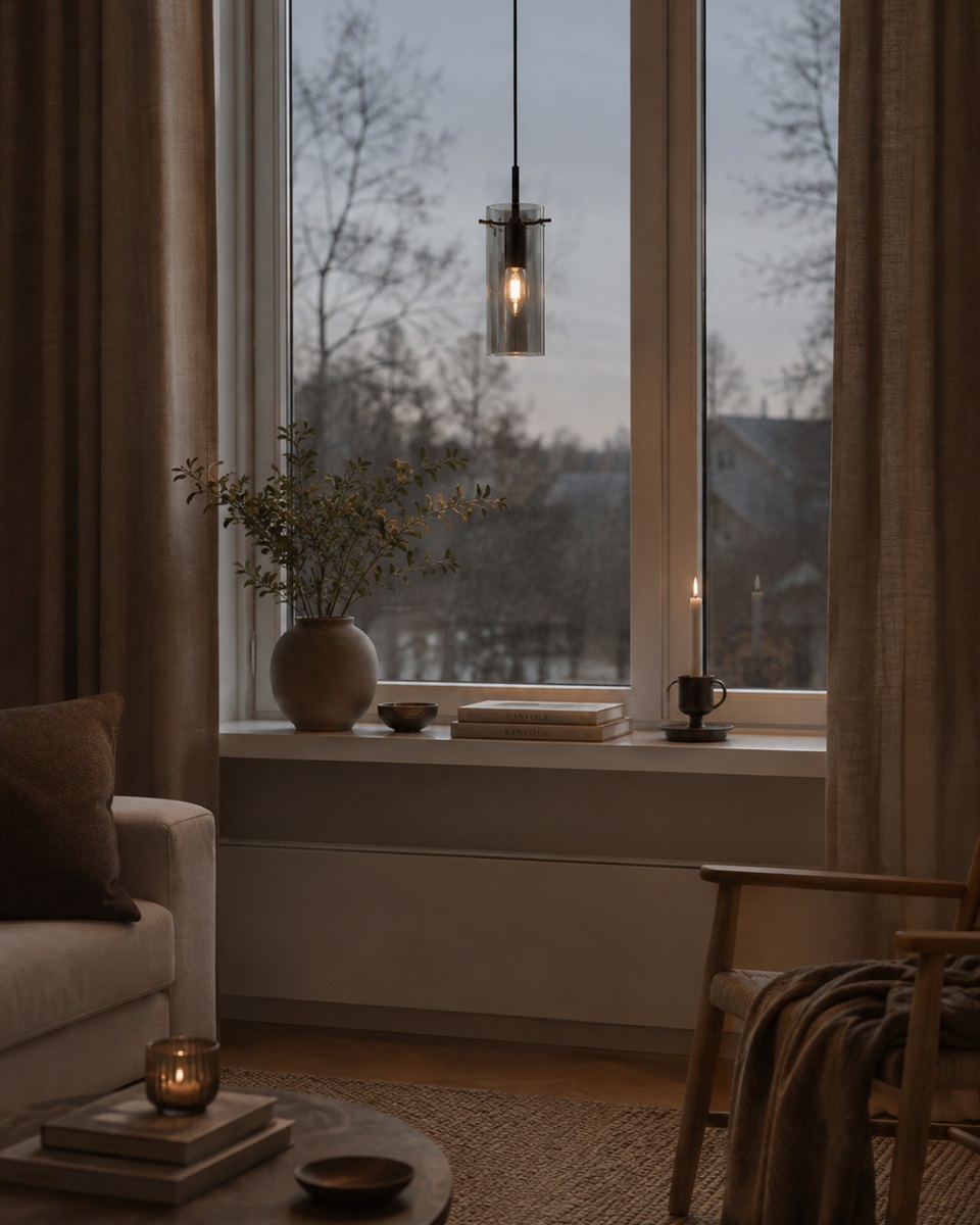 Cilinda Ø7 Negro/Ahumado lámpara de ventana De Nordic Lighting - El cristal ahumado garantiza una hermosa distribuci&oacute;n de la luz y, en combinaci&oacute;n con el metal negro, se convierte en un elegante detalle interior.