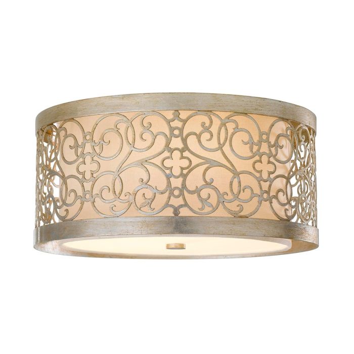 Arabesque Ø38 Plata plafón De Elstead Lighting - La pantalla de acero, con su patr&oacute;n cortado a l&aacute;ser, presenta una suave p&aacute;tina de pan de plata que evoca la plata envejecida.