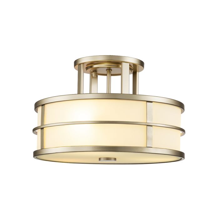 Fusion Ø34 Latón plafón De Elstead Lighting - El marco est&aacute; equipado con cristal opalino acanalado en los laterales y una c&uacute;pula de cristal en la parte inferior como difusor, creando un fascinante efecto de iluminaci&oacute;n.