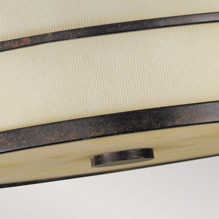 Fusion Ø34 Bronce plafón De Elstead Lighting - Fusion combina elementos de Arts &amp; El estilo Crafts crea un diseño con bandas metálicas lineales verticales y horizontales en acabado bronce, que ofrece un hermoso contraste con la pantalla ámbar y el difusor de vidrio acanalado.