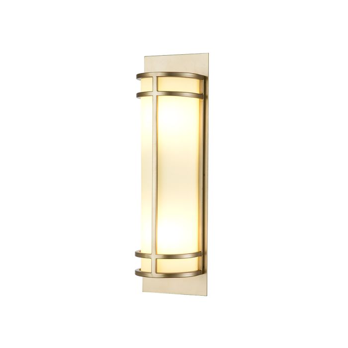 Fusion 43cm Latón lámpara de pared De Elstead Lighting - El dispositivo tiene una placa de pared rectangular y una serie de varillas exteriores que sostienen un marco cilíndrico.