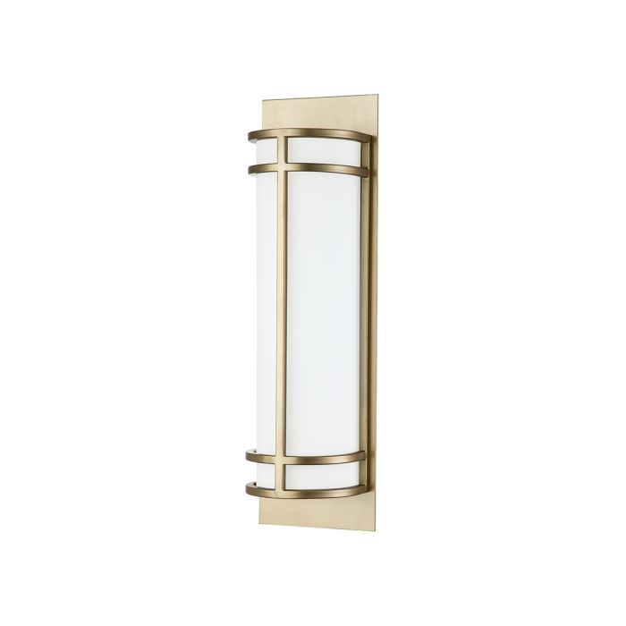 Fusion 43cm Latón lámpara de pared De Elstead Lighting - El dispositivo tiene una placa de pared rectangular y una serie de varillas exteriores que sostienen un marco cilíndrico.
