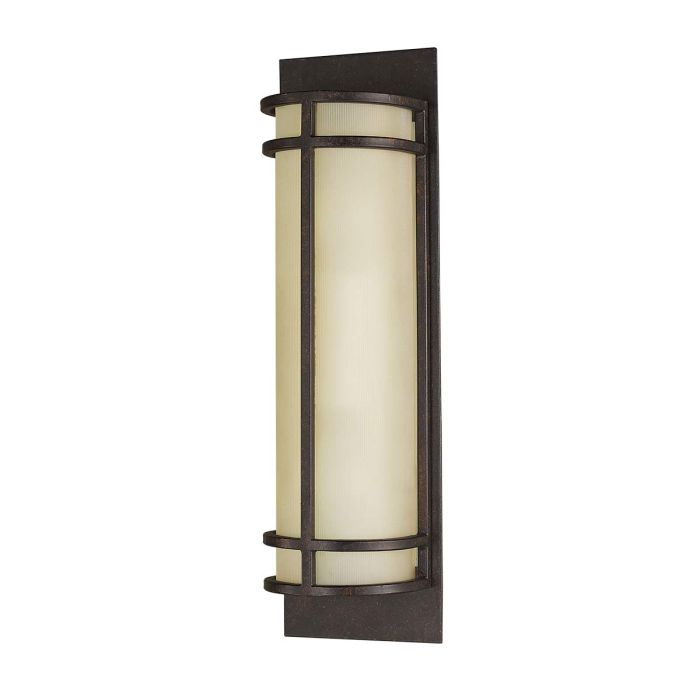Fusion 43cm Bronce lámpara de pared De Elstead Lighting - Fusion combina elementos de Arts &amp; El estilo Crafts crea un diseño con bandas metálicas lineales verticales y horizontales en acabado bronce, que ofrece un hermoso contraste con la pantalla ámbar y el difusor de vidrio acanalado.