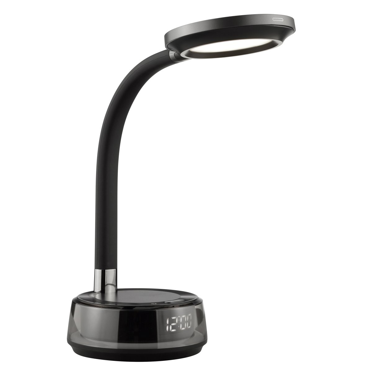 Moonglow 53cm Negro lámpara de escritorio De Brilliant - Fabricada en metal y pl&aacute;stico negro, presenta un dise&ntilde;o elegante con brazo flexible, ideal como l&aacute;mpara de lectura o de noche.