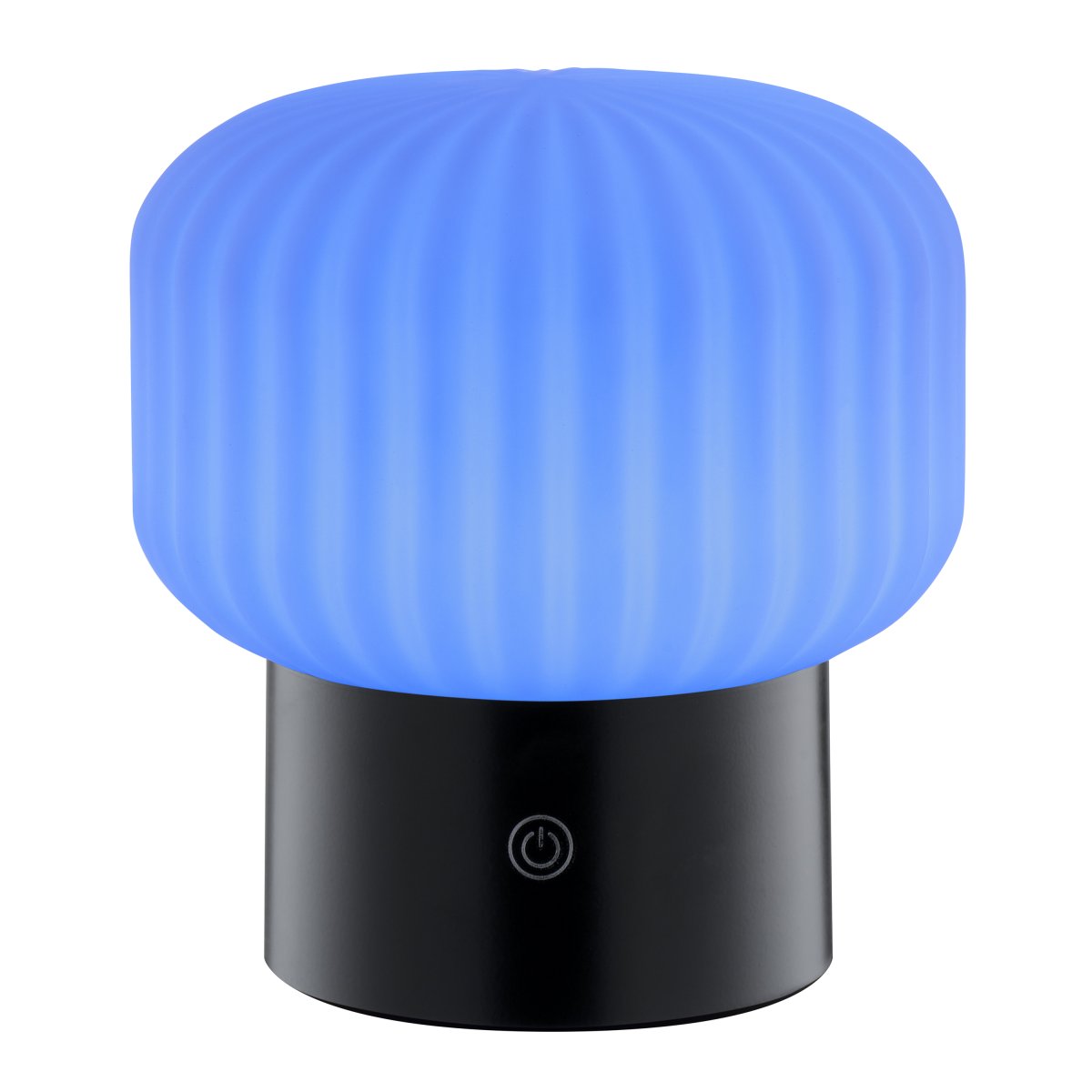 Sarastro 14cm Negro portátil De Brilliant - La pantalla de vidrio blanco acanalado proporciona una luz suave, mientras que la base negra alberga el regulador táctil y controla la función RGB, todo en un formato discreto y elegante.