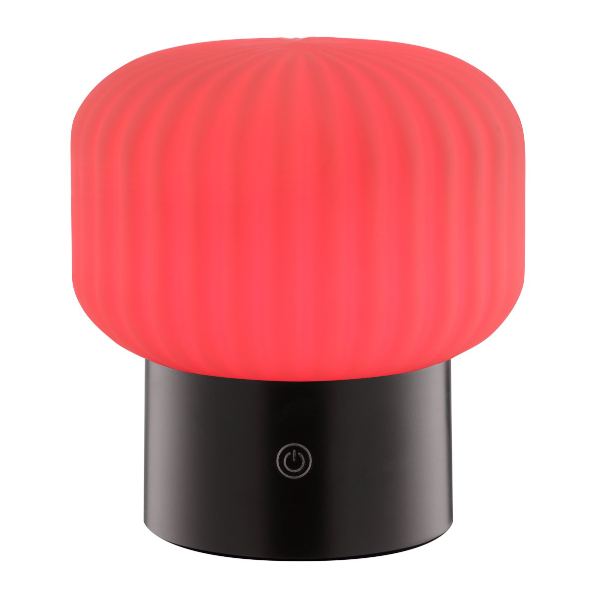 Sarastro 14cm Negro portátil De Brilliant - La pantalla de vidrio blanco acanalado proporciona una luz suave, mientras que la base negra alberga el regulador táctil y controla la función RGB, todo en un formato discreto y elegante.