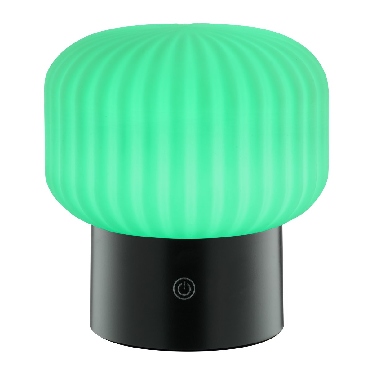 Sarastro 14cm Negro portátil De Brilliant - La pantalla de vidrio blanco acanalado proporciona una luz suave, mientras que la base negra alberga el regulador táctil y controla la función RGB, todo en un formato discreto y elegante.