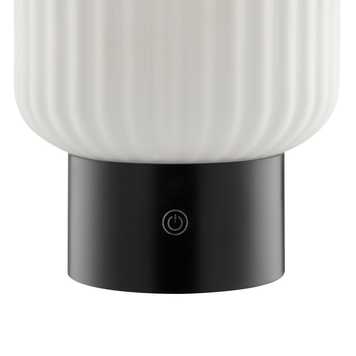 Sarastro 14cm Negro portátil De Brilliant - La pantalla de vidrio blanco acanalado proporciona una luz suave, mientras que la base negra alberga el regulador táctil y controla la función RGB, todo en un formato discreto y elegante.