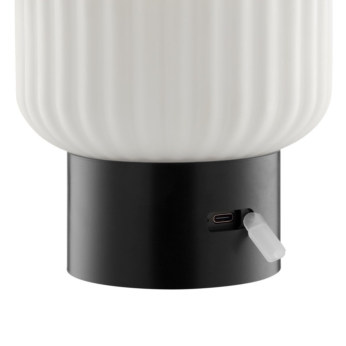 Sarastro 14cm Negro portátil De Brilliant - La pantalla de vidrio blanco acanalado proporciona una luz suave, mientras que la base negra alberga el regulador táctil y controla la función RGB, todo en un formato discreto y elegante.