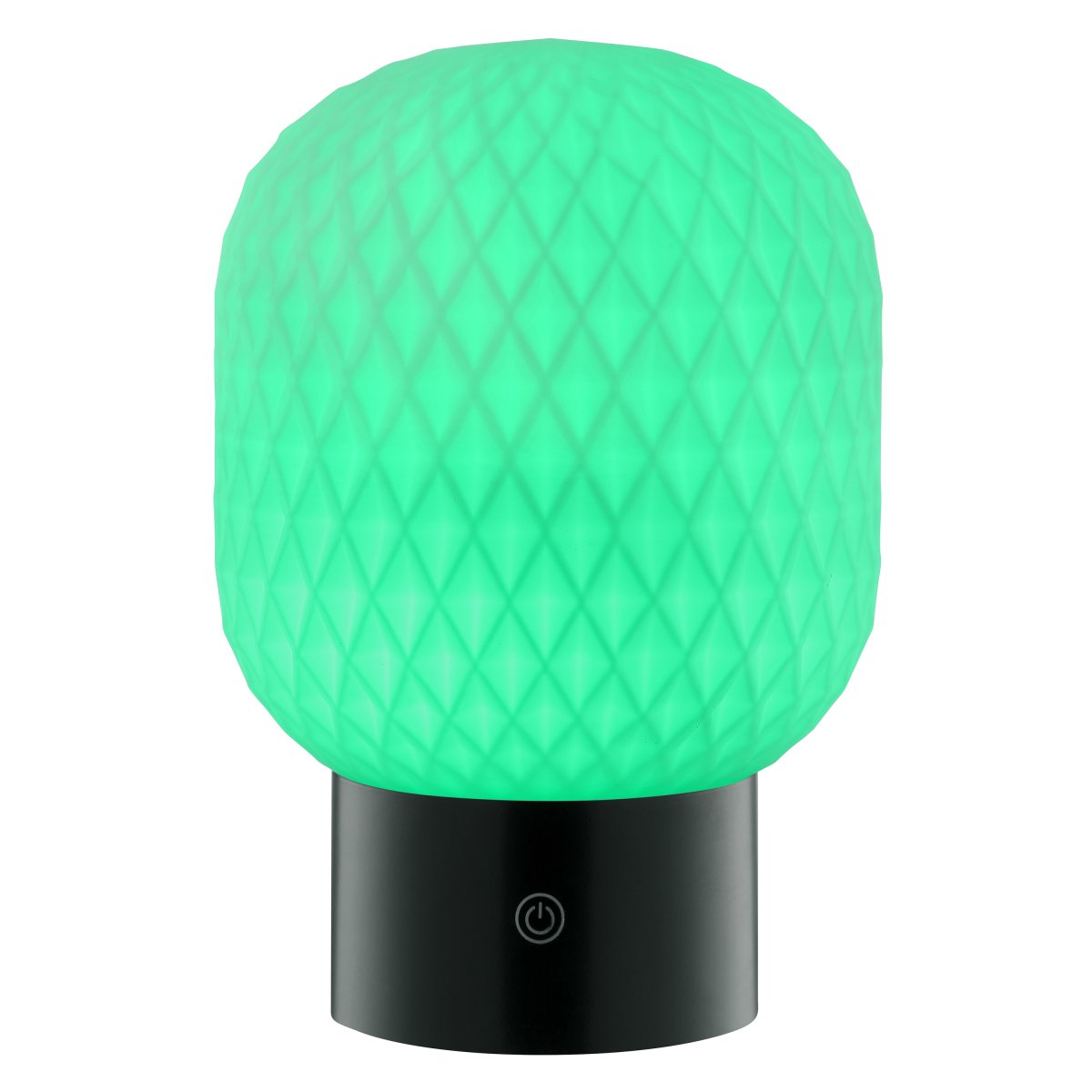 Sarastro 20cm Negro portátil De Brilliant - La pantalla decorativa de vidrio blanco proporciona una luz suave, mientras que la base negra alberga el regulador táctil y controla la función RGB, todo en un formato discreto y elegante.