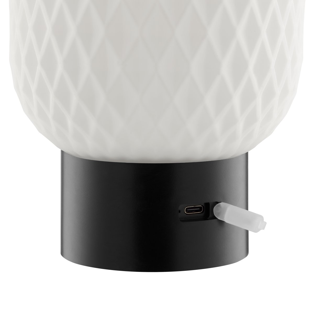 Sarastro 20cm Negro portátil De Brilliant - La pantalla decorativa de vidrio blanco proporciona una luz suave, mientras que la base negra alberga el regulador táctil y controla la función RGB, todo en un formato discreto y elegante.