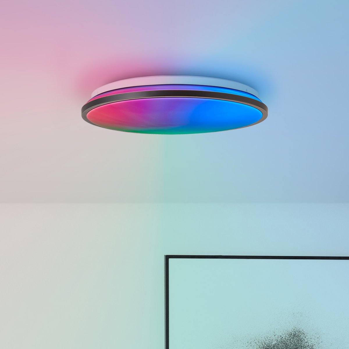 Heida Ø40 Negro plafón De Brilliant - El marco negro encierra el panel LED, que emite una luz brillante que se puede atenuar con el control remoto incluido.