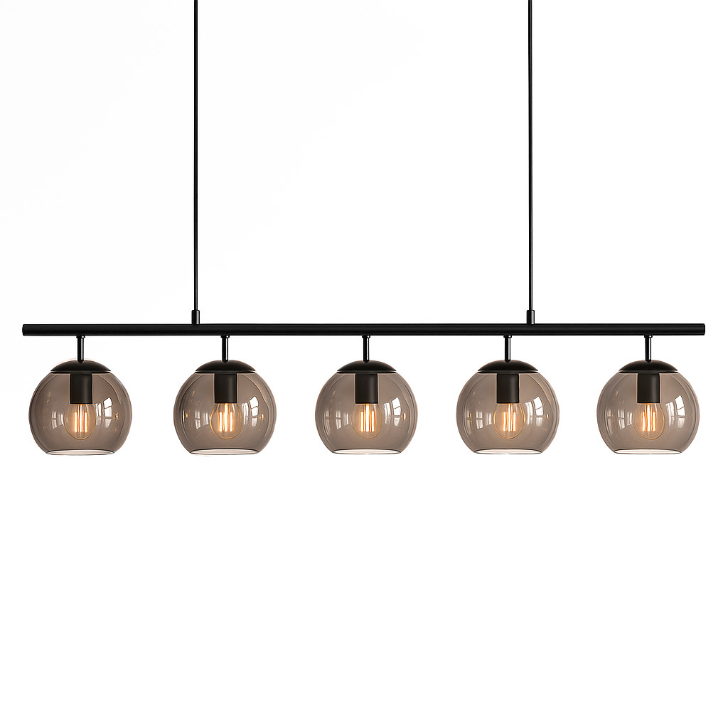 Globi 5 120cm Negro/Ahumado Lámpas de techo De Nordic Lighting - La suspensi&oacute;n de metal negro le aporta un toque elegante y gr&aacute;fico, mientras que las cinco c&uacute;pulas redondas de cristal ahumado difunden una luz agradable y uniforme por toda la estancia.