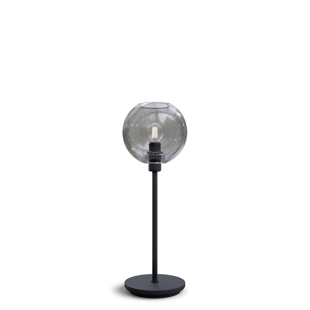 Gloria 46cm Negro/humo lámpara de mesa De Belid - Gloria tiene un dise&ntilde;o simple y elegante con una base de l&aacute;mpara de metal y una pantalla redonda de cristal.