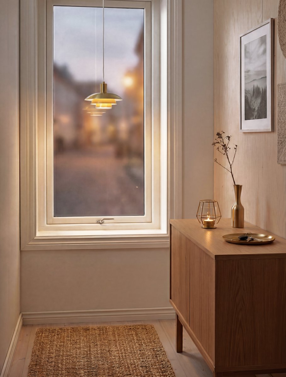 Epsilon Ø20 Oro lámpara de ventana De Aneta Lighting - La l&aacute;mpara de ventana Epsilon impresiona por su dise&ntilde;o atemporal, con m&uacute;ltiples pantallas de diferentes alturas que le confieren un aspecto distintivo y elegante.