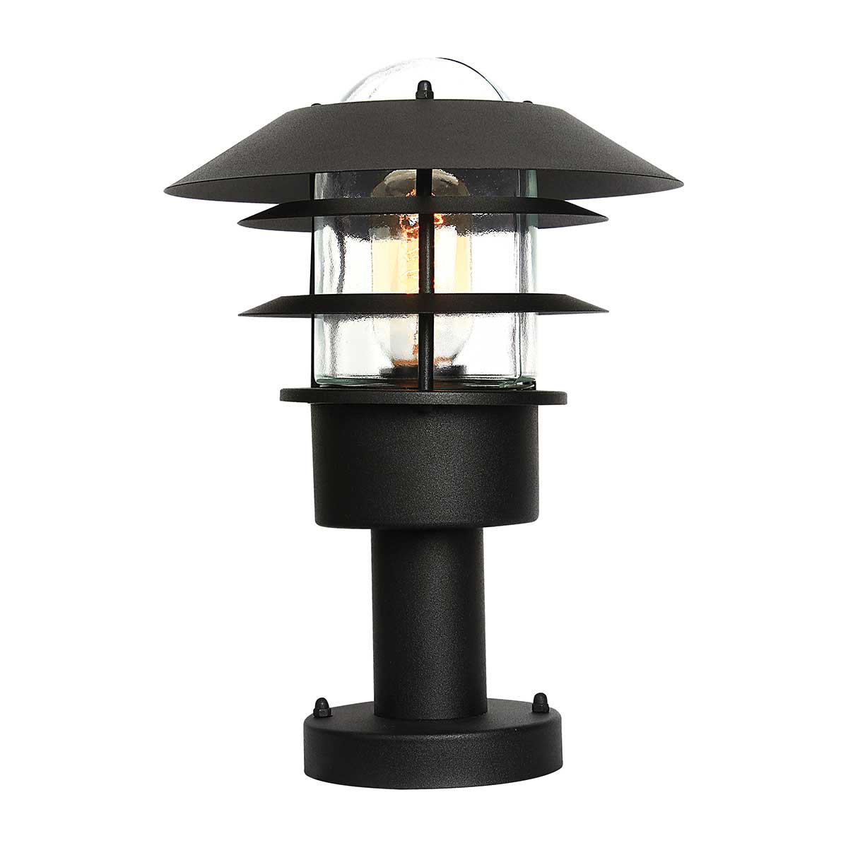Helsingor 30cm Negro De Elstead Lighting - Tillverkad av rostfritt st&aring;l i svart finish och glas, erbjuder den en slitstark och v&auml;derbest&auml;ndig konstruktion som &auml;r perfekt f&ouml;r entr&eacute;er, tr&auml;dg&aring;rdsg&aring;ngar och uteplatser.