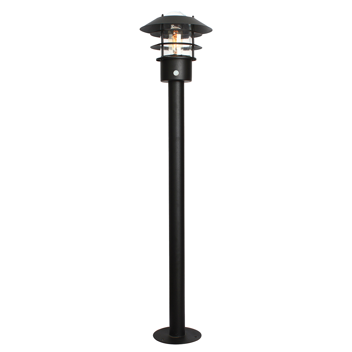 Helsingor PIR 100cm Negro balizas De Elstead Lighting - Tillverkad av rostfritt st&aring;l i svart finish och glas, erbjuder den en robust och v&auml;derbest&auml;ndig konstruktion som &auml;r perfekt vid uppfarter, entr&eacute;er eller tr&auml;dg&aring;rdsg&aring;ngar.
