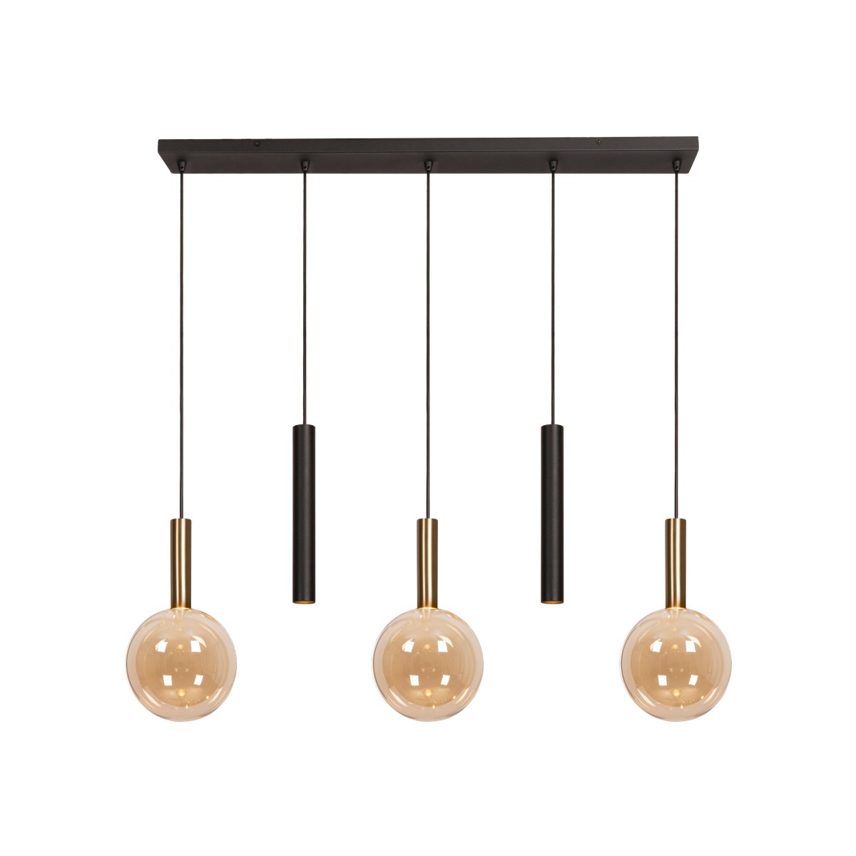 Josiane 105cm Negro Lámpas de techo De Lucide - Las c&uacute;pulas de vidrio &aacute;mbar con accesorios de color lat&oacute;n albergan una bombilla G9, que emite una luz suave y acogedora.