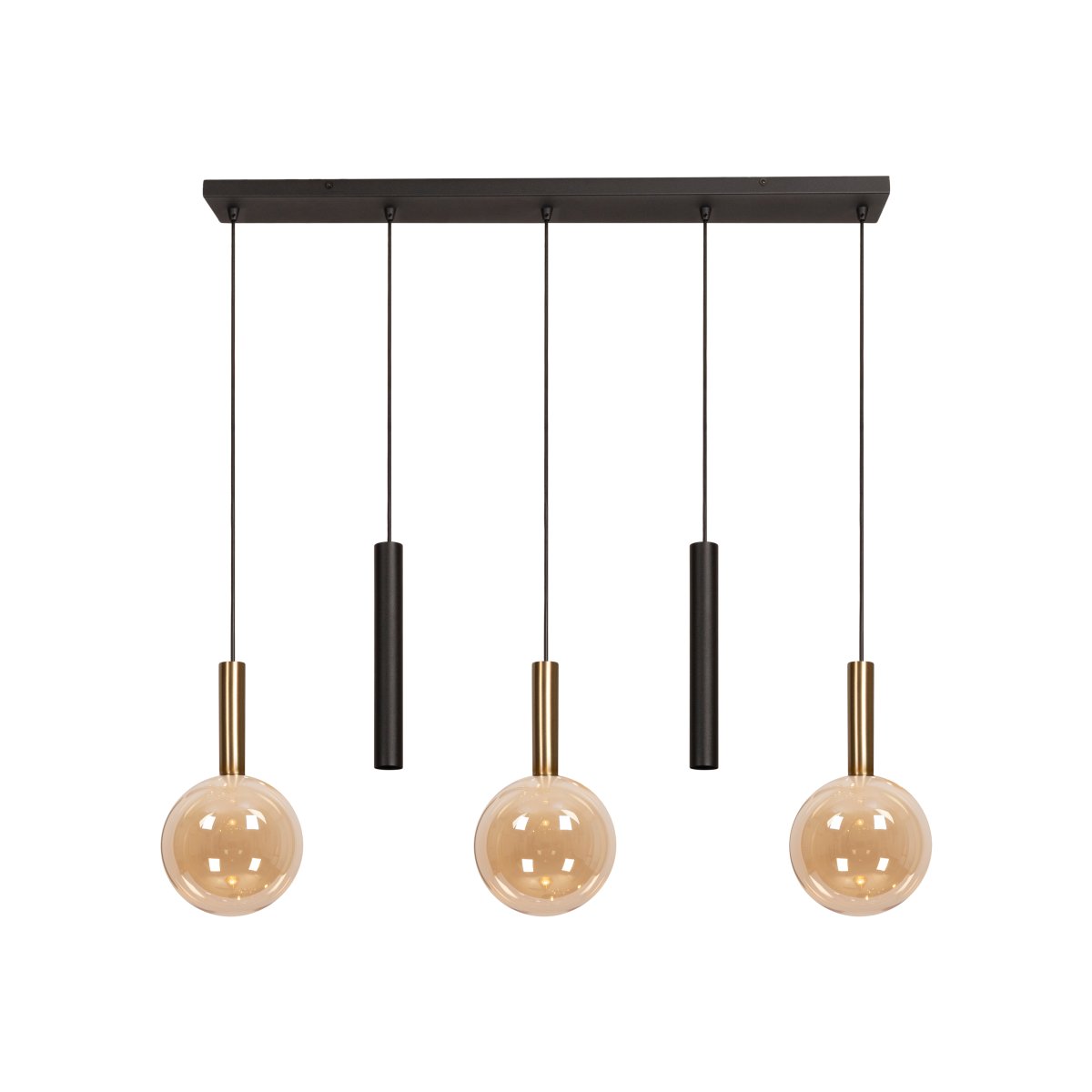 Josiane 105cm Negro Lámpas de techo De Lucide - Las c&uacute;pulas de vidrio &aacute;mbar con accesorios de color lat&oacute;n albergan una bombilla G9, que emite una luz suave y acogedora.
