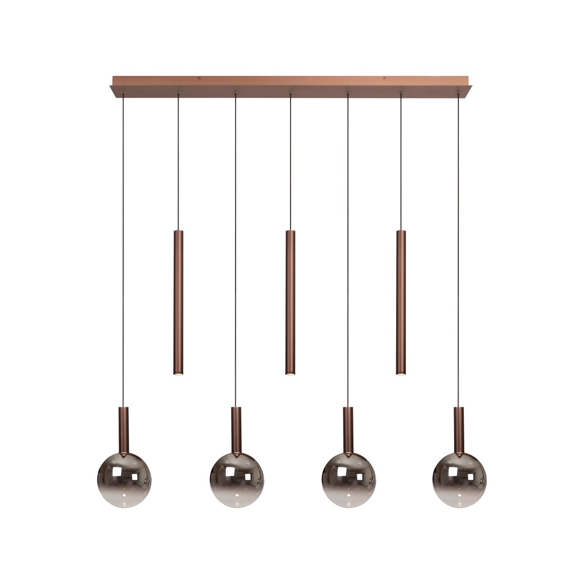 Jamsine 137cm Cobre Lámpas de techo De Lucide - Las pantallas de cristal ahumado proporcionan una luz c&aacute;lida y agradable, mientras que los tres focos emiten una luz focalizada y brillante hacia abajo.