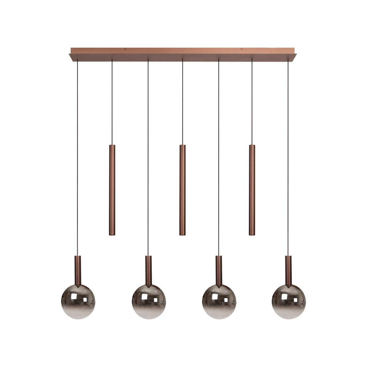 Jamsine 137cm Cobre Lámpas de techo De Lucide - Las pantallas de cristal ahumado proporcionan una luz c&aacute;lida y agradable, mientras que los tres focos emiten una luz focalizada y brillante hacia abajo.