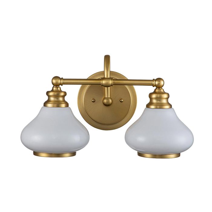 Ainsley 40cm Latón cepillado lámpara de baño De Elstead Lighting - Las pantallas de cristal opalino abovedado proporcionan una luz suave y agradable, que armoniza a la perfecci&oacute;n con el elegante acabado de lat&oacute;n cepillado.
