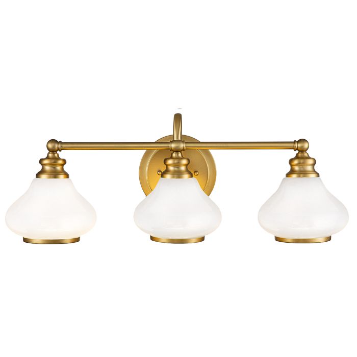 Ainsley 60cm Latón cepillado lámpara de baño De Elstead Lighting - Las pantallas de cristal opalino abovedado proporcionan una luz suave y agradable, que armoniza a la perfecci&oacute;n con el elegante acabado de lat&oacute;n cepillado.