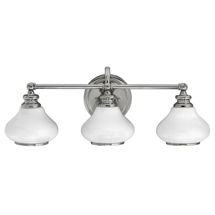 Ainsley 60cm Cromo pulido lámpara de baño De Elstead Lighting - Las pantallas de cristal opalino abovedado proporcionan una luz suave y agradable, que armoniza a la perfecci&oacute;n con el elegante cromo pulido.