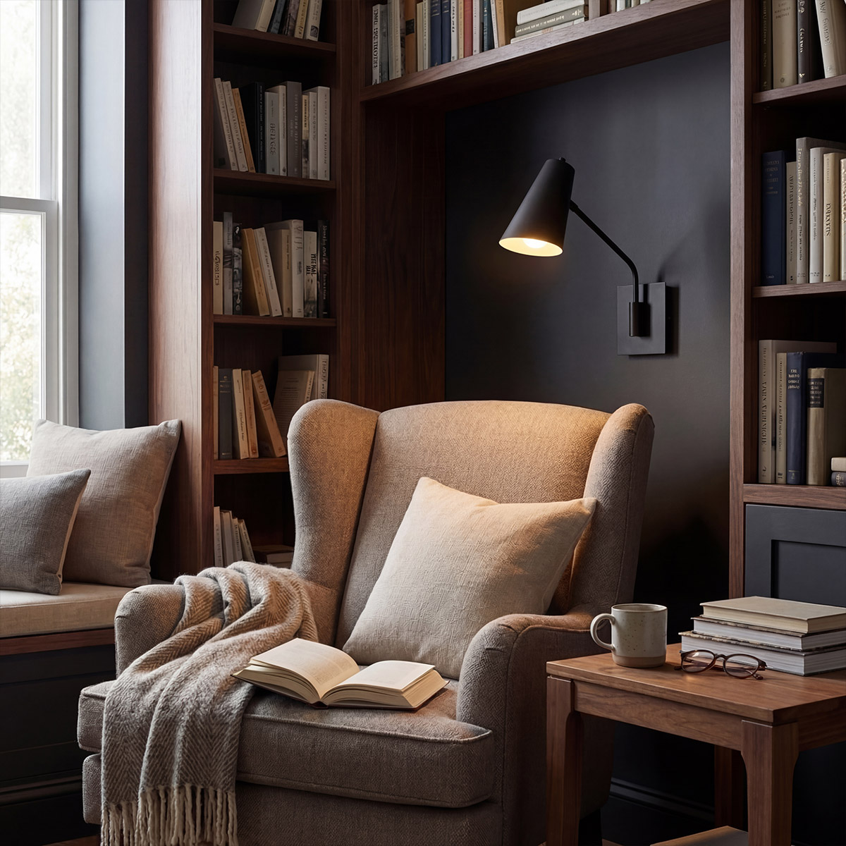 Bray 42cm Negro lámpara de lectura De Elstead Lighting - Bray es una pr&aacute;ctica l&aacute;mpara de pared de dise&ntilde;o minimalista en color negro.