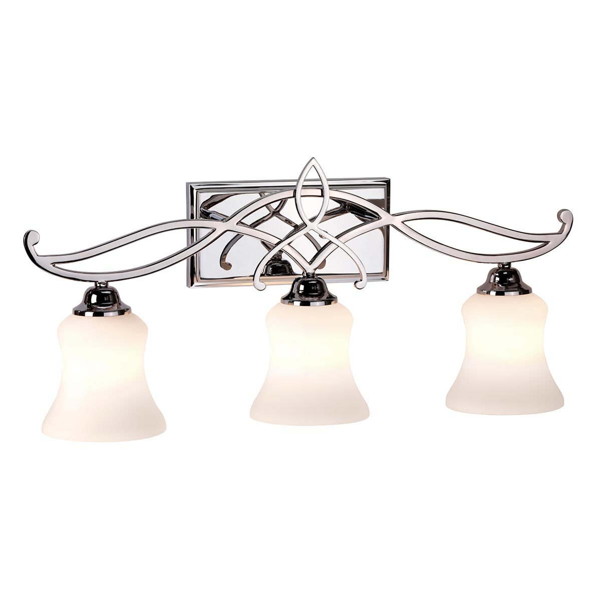 Brooke 60cm Cromo pulido lámpara de baño De Elstead Lighting - La l&aacute;mpara de pared Brooke presenta un dise&ntilde;o tradicional moderno con un detalle minimalista de volutas forjadas en cromo pulido que complementa elegantemente el vidrio opalino grabado.
