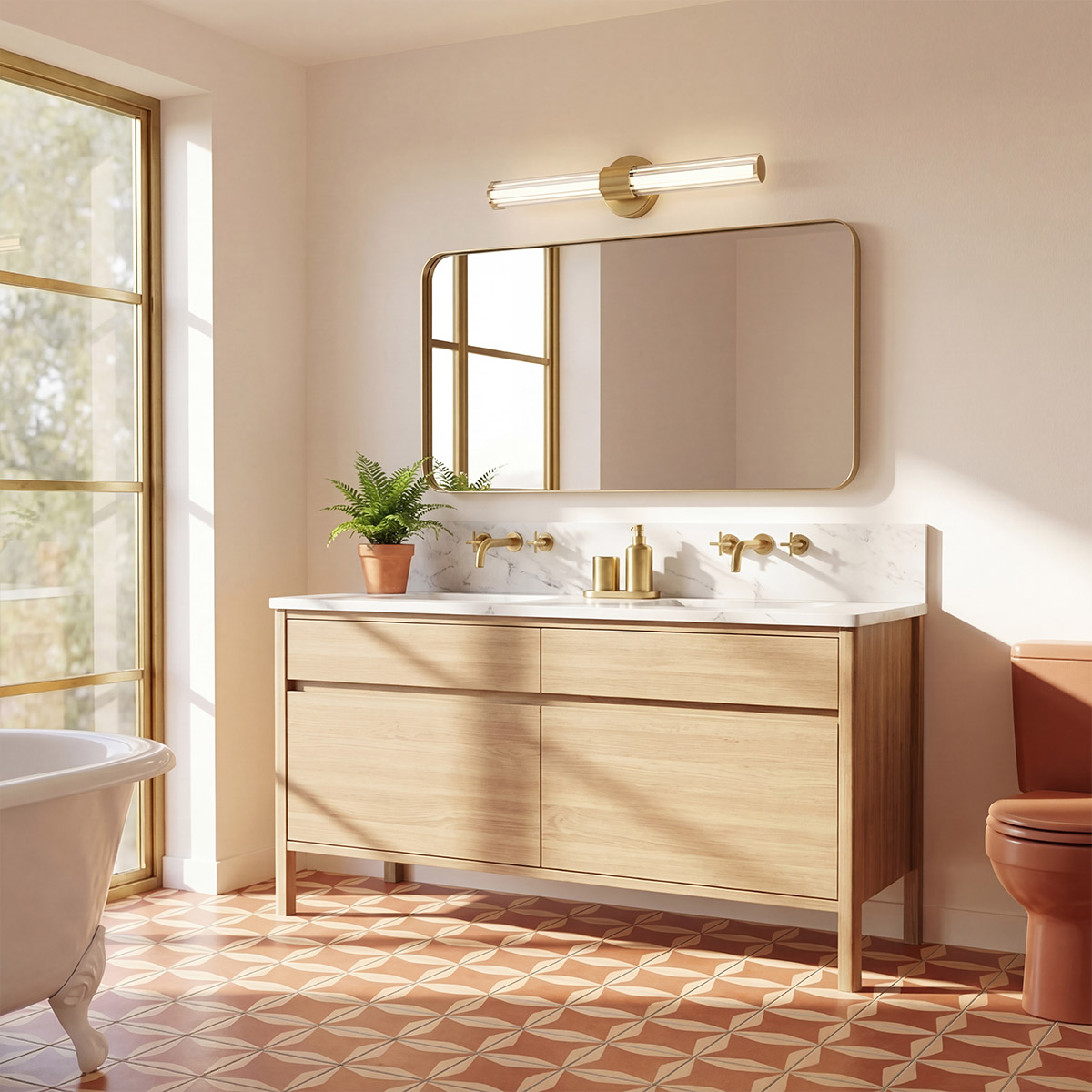 Georgette 60cm Latón lámpara de baño De Elstead Lighting - Georgette es una elegante lámpara de pared para baño con un diseño decorativo y simétrico.