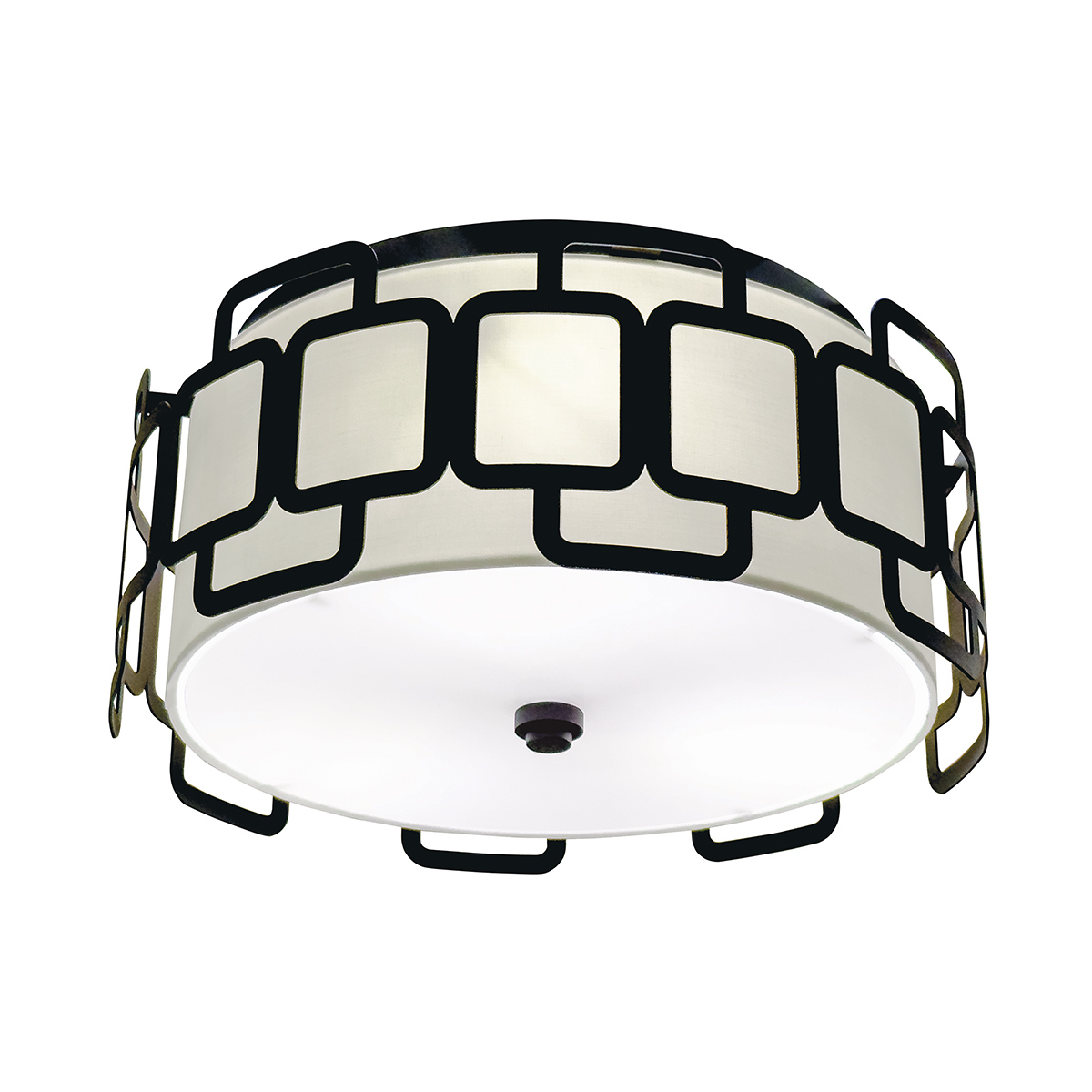 Sabina Ø38 Negro plafón De Elstead Lighting - Su estructura geom&eacute;trica de acero negro crea un elegante patr&oacute;n alrededor de la pantalla de tela color crema, otorg&aacute;ndole un toque moderno.