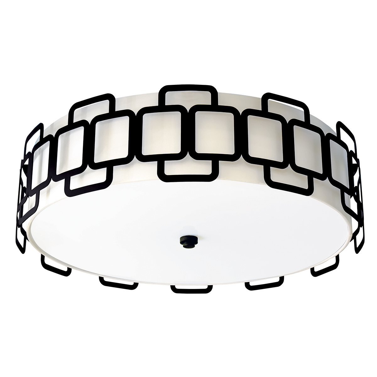 Sabina Ø57 Negro plafón De Elstead Lighting - Su estructura geom&eacute;trica de acero negro crea un elegante patr&oacute;n alrededor de la pantalla de tela color crema, otorg&aacute;ndole un toque moderno.