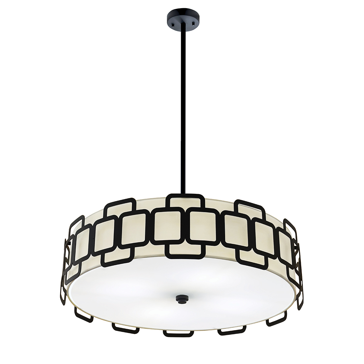 Sabina Ø57 Negro Lámpas de techo De Elstead Lighting - Su estructura geom&eacute;trica de acero negro crea un elegante patr&oacute;n alrededor de la pantalla de tela color crema, otorg&aacute;ndole un toque moderno.