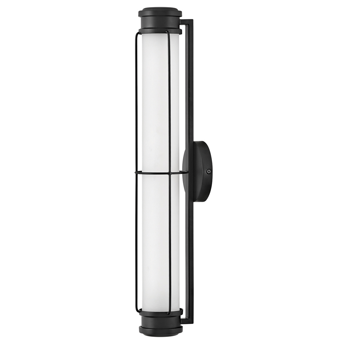 Saylor 60cm Negro lámpara de baño De Elstead Lighting - Fabricada en metal con acabado negro mate, cuenta con una pantalla alargada de cristal opalino que crea una luz uniforme y sutil.