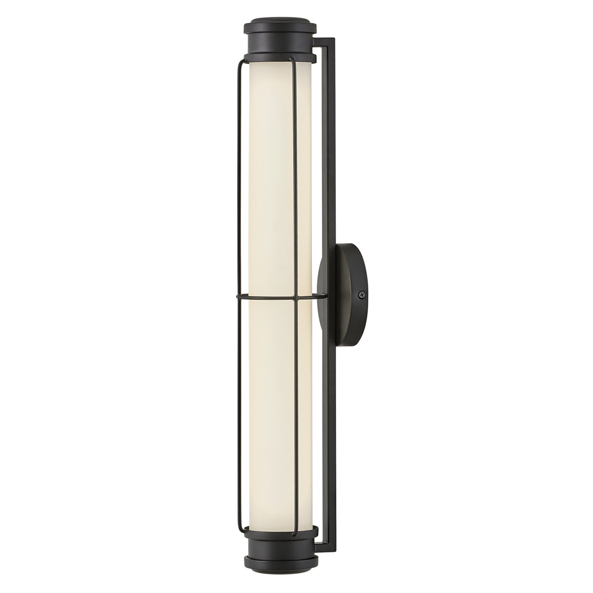 Saylor 60cm Negro lámpara de baño De Elstead Lighting - Fabricada en metal con acabado negro mate, cuenta con una pantalla alargada de cristal opalino que crea una luz uniforme y sutil.