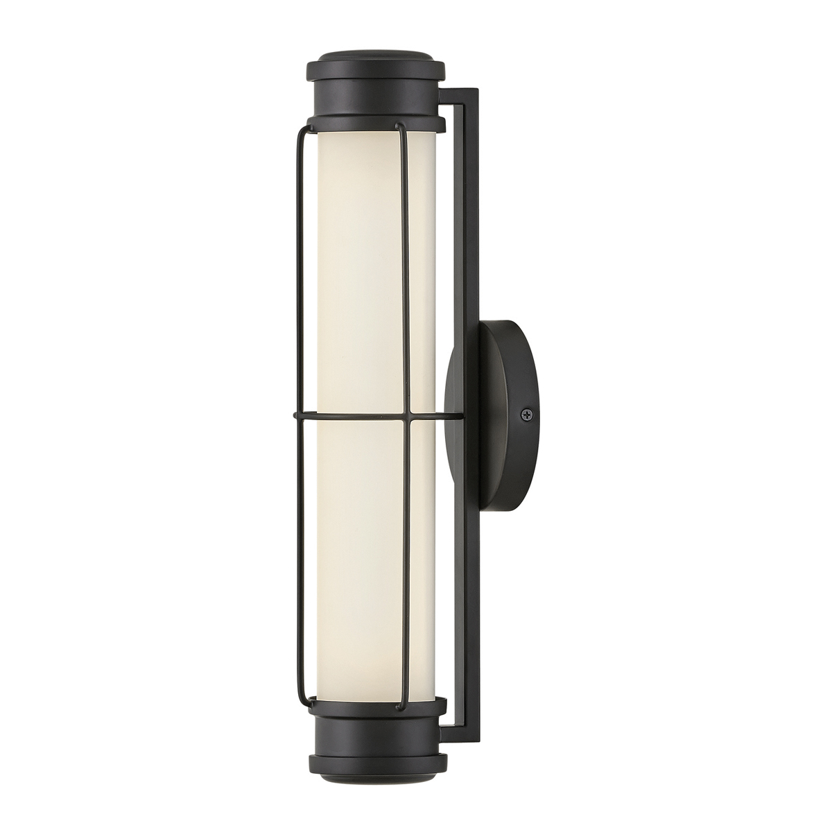 Saylor 43cm Negro lámpara de baño De Elstead Lighting - Fabricada en metal con acabado negro mate, cuenta con una pantalla alargada de cristal opalino que crea una luz uniforme y suave.